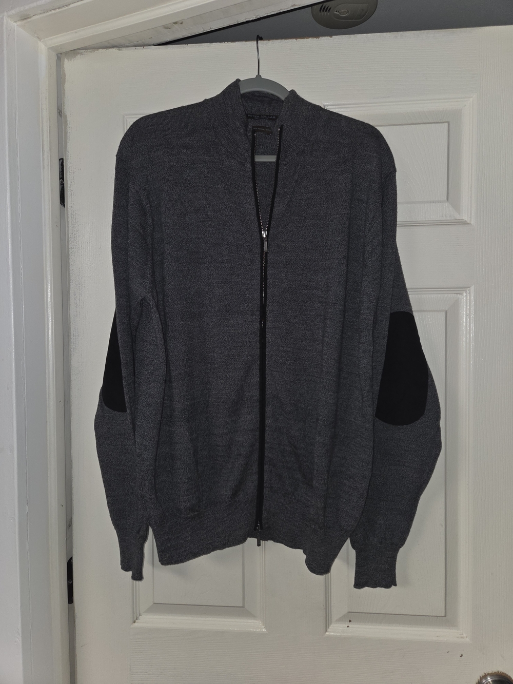 Peter Millar Mens L Gray Merino Wool Knit Full Zip Mock Neck Sweater elbow patch